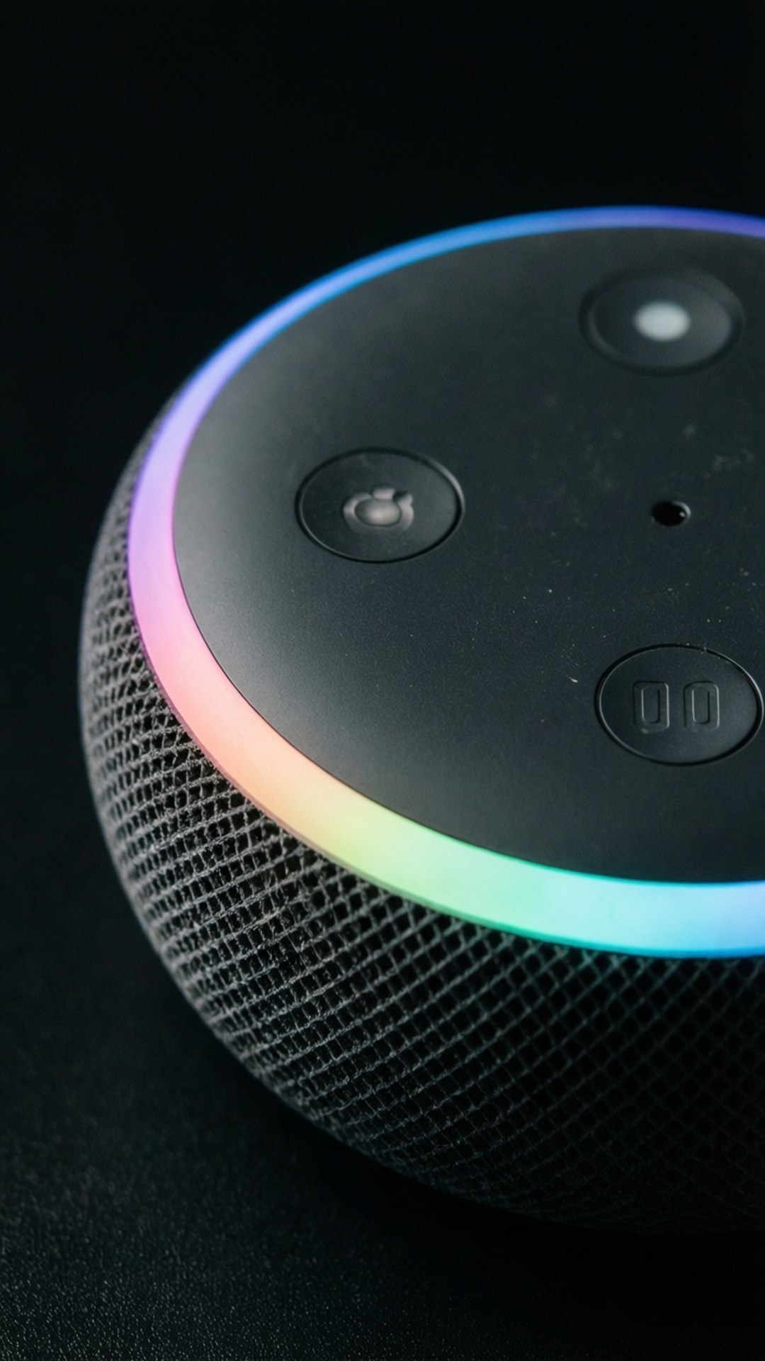 Close-up of Echo Dot's colorful light ring.
