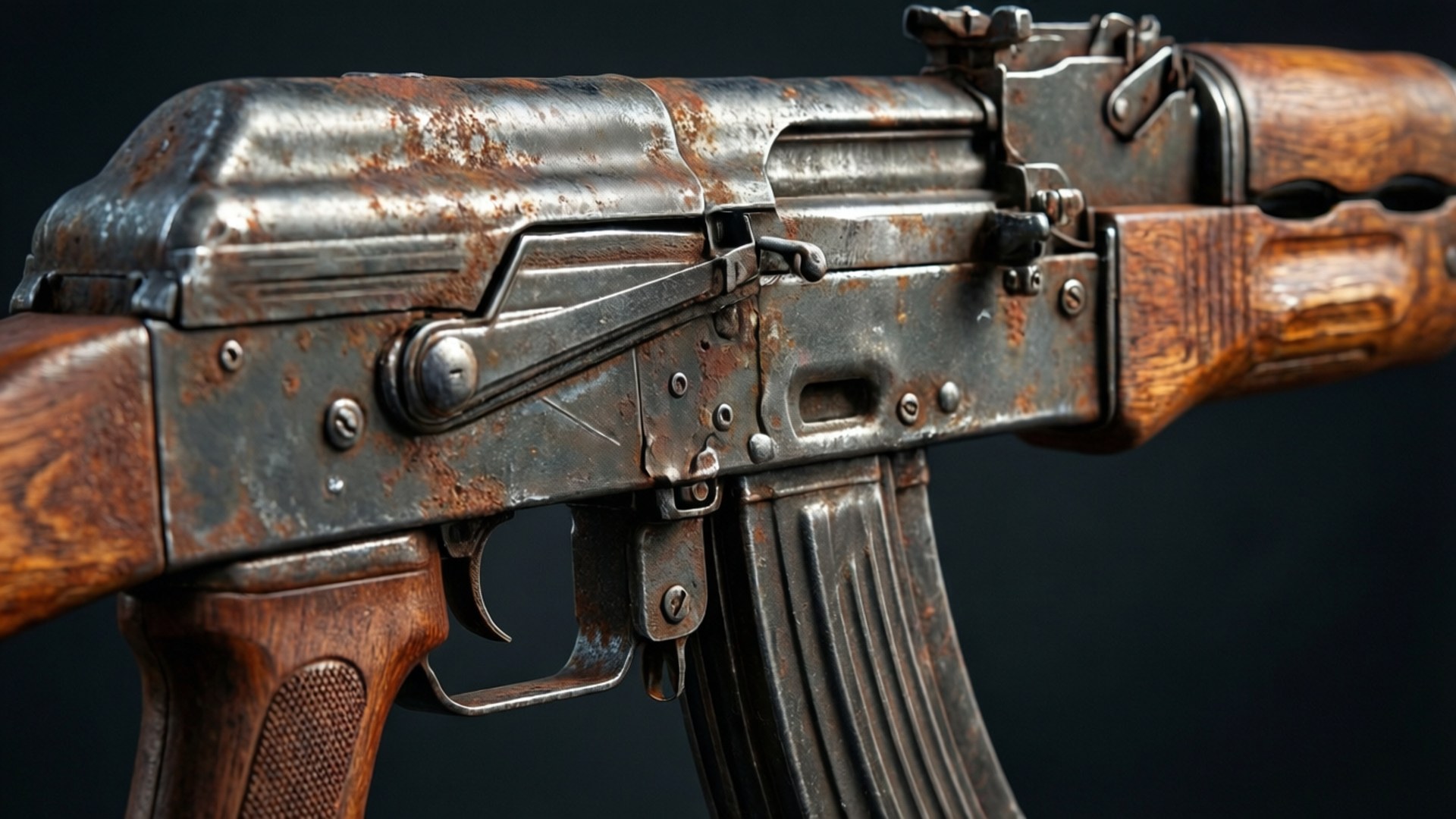 Makro dari Rust AK-47 dengan detail karat