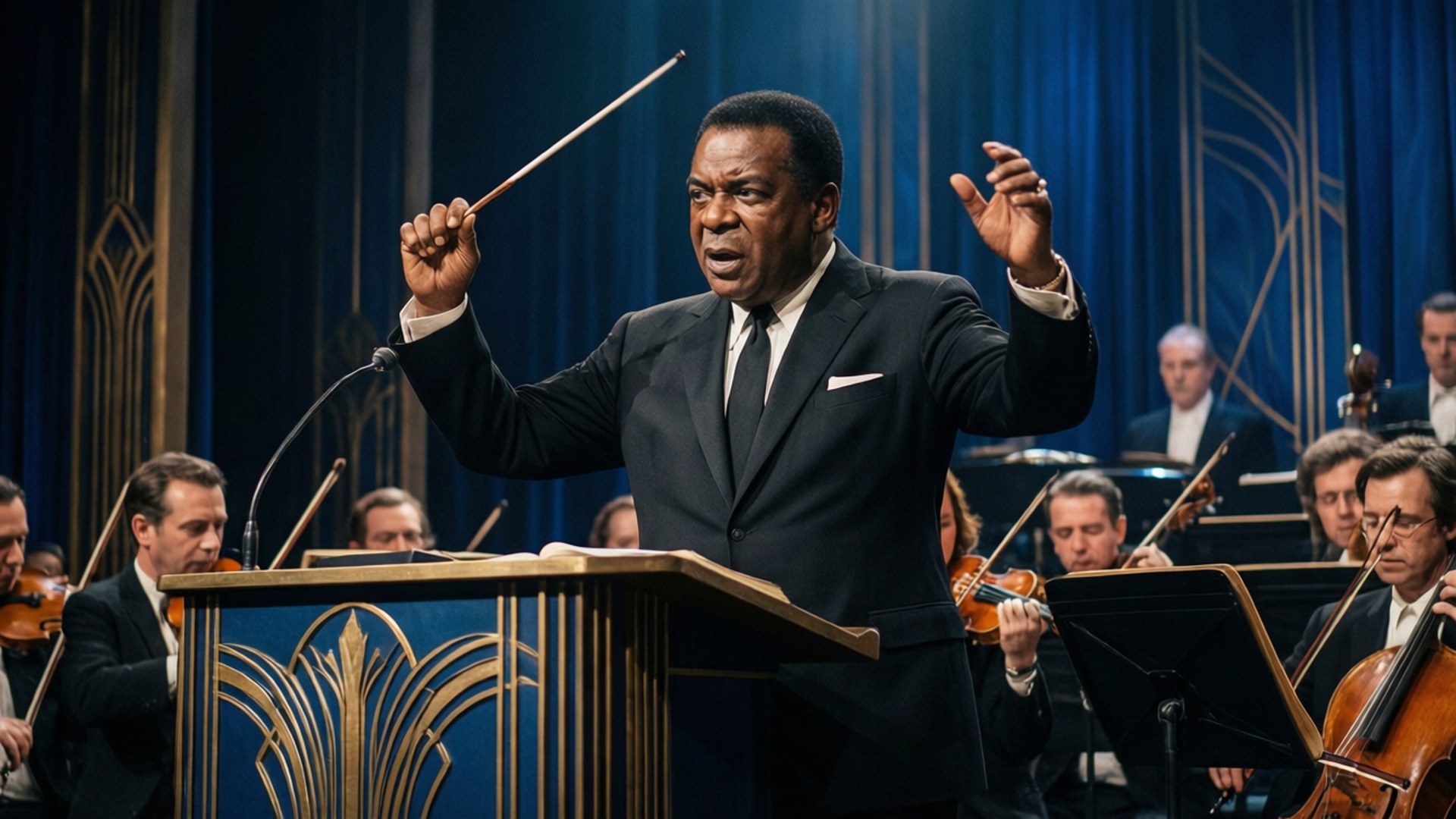 Dynamic image of Jimmy Dorsey leading his band with a baton in a richly colored setting.