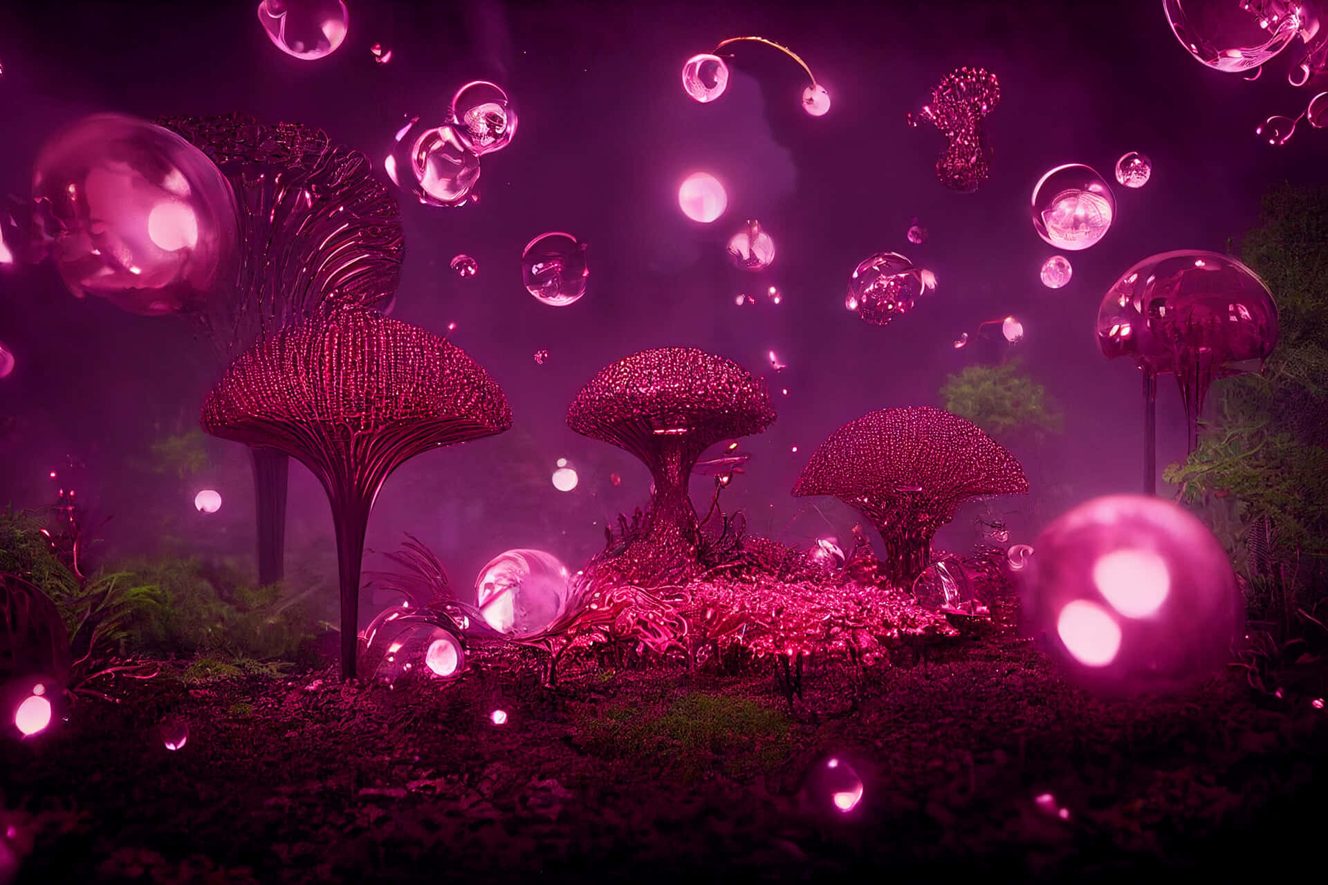 Magenta Fantasy Forest Bubbles Wallpaper