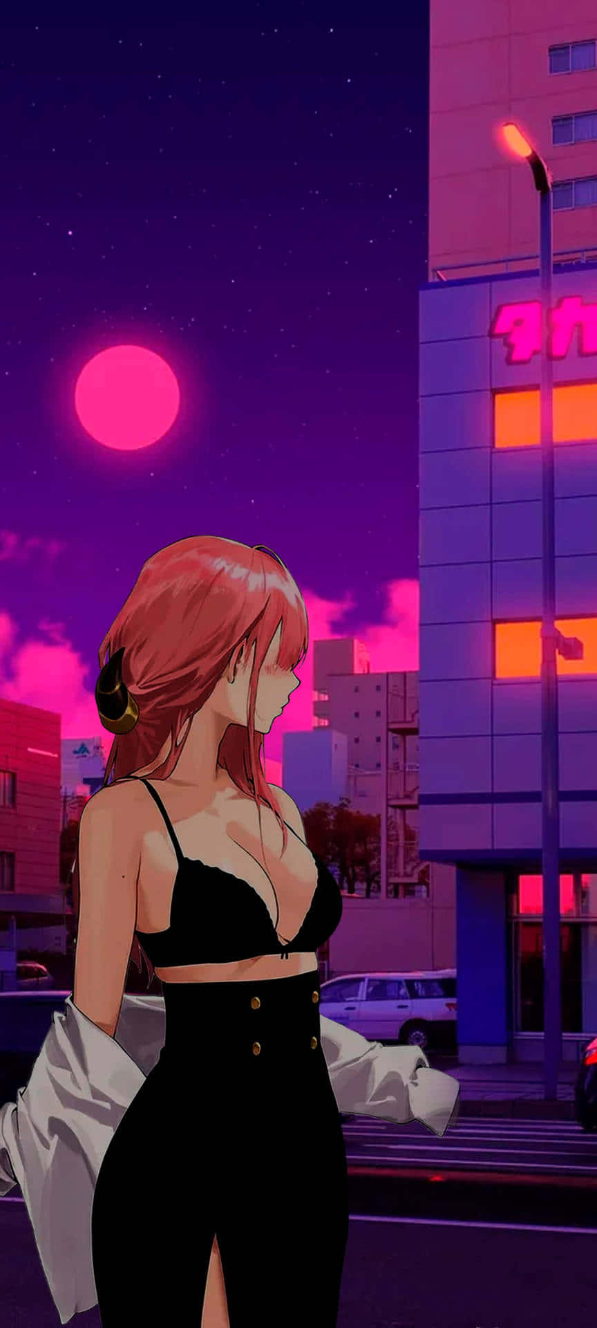 Magenta Sunset Cityscape Anime Style Wallpaper