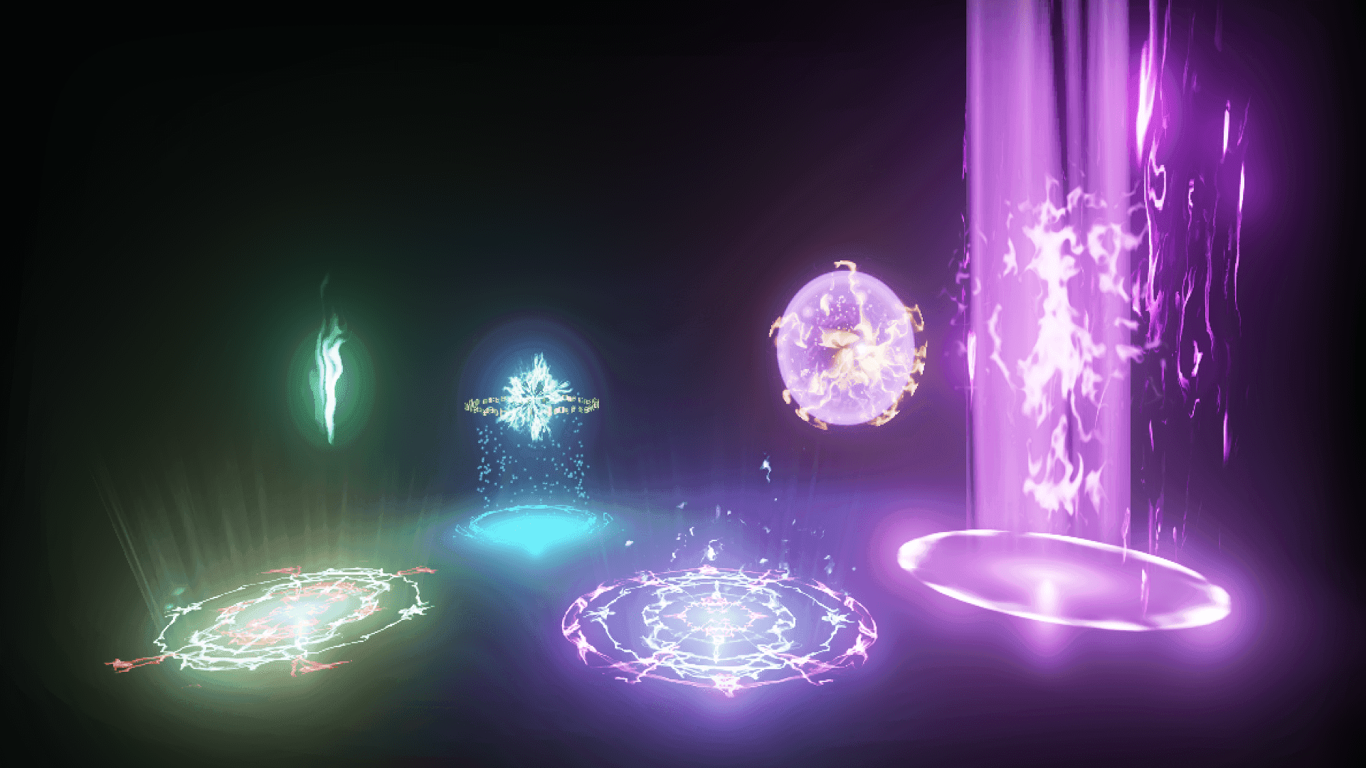 A swirling gateway of magic and mystery Background — Floating glowing magical symbols and orbs emit vibrant purple green and blue light against a dark void.