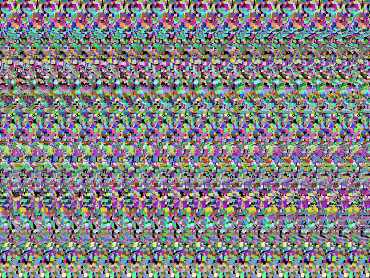 Abstrakt Glitch Magisk Eye 3D Stereogram Billede af et farverigt tv med et regnbue mønster.