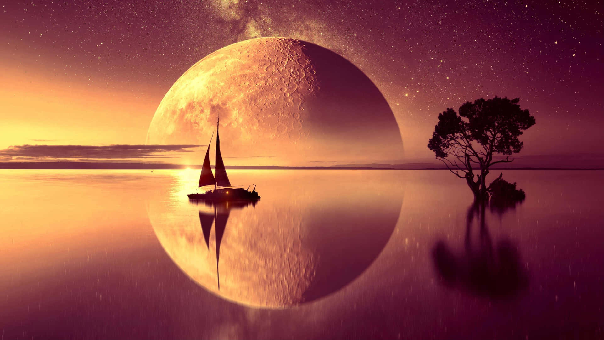 et sejlbåd reflekteres i vandet med et månelandskab horisont Wallpaper