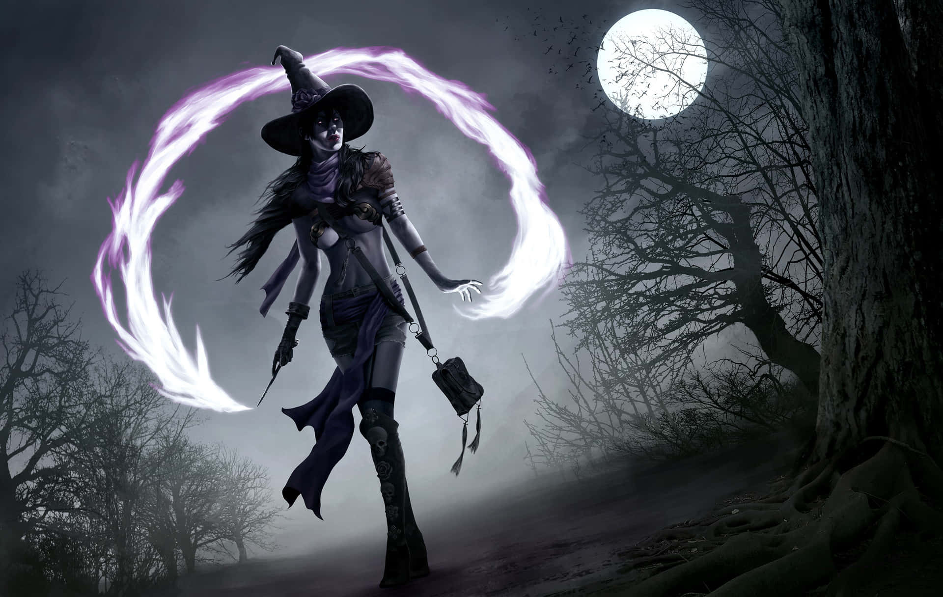 Witch With A Wand In The Forest Wallpaper