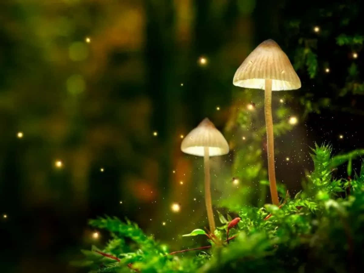 Two Mushrooms In The Forest With Glowing Lights