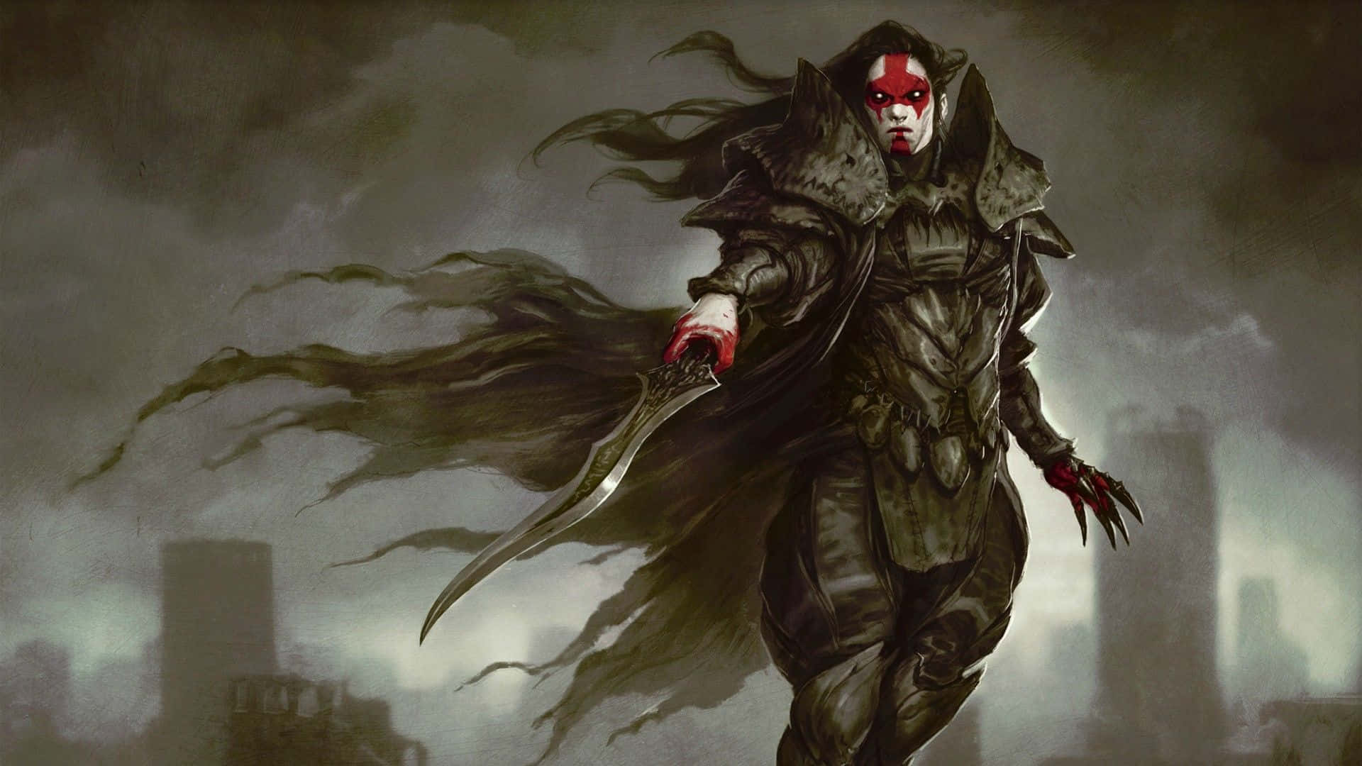 A Dark Fantasy Character With A Sword And A Mask