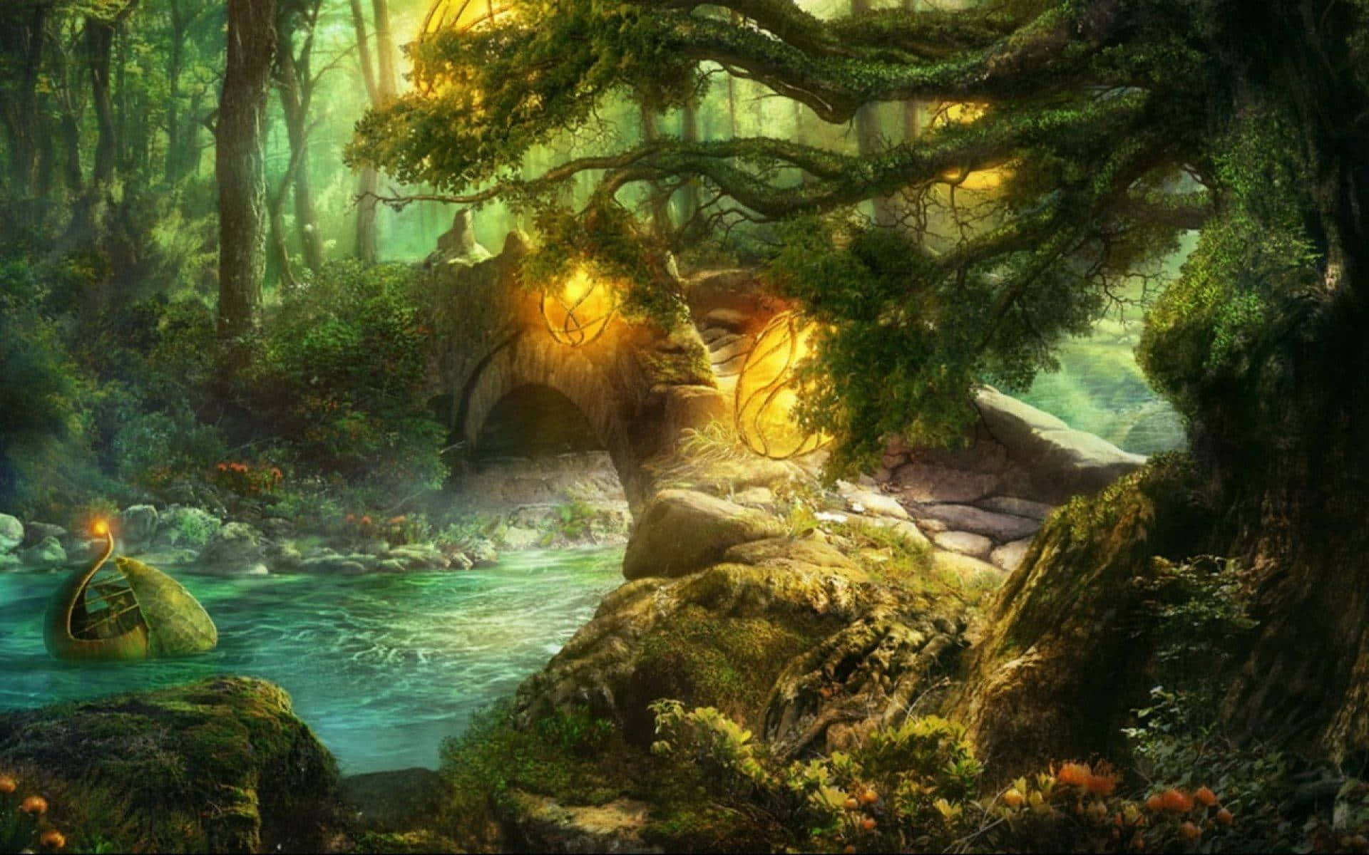 A Fantasy Scene With A Waterfall And A Bridge