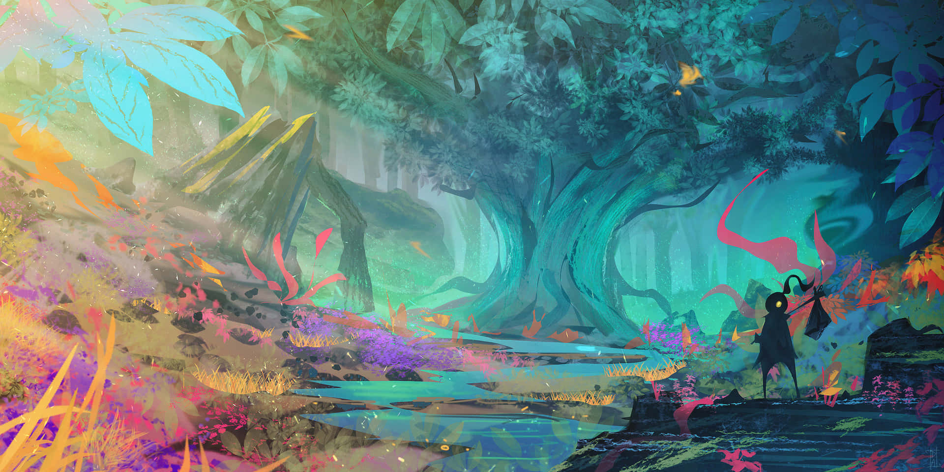Enmålning Av En Skog Med Färgglada Träd Och Blommor