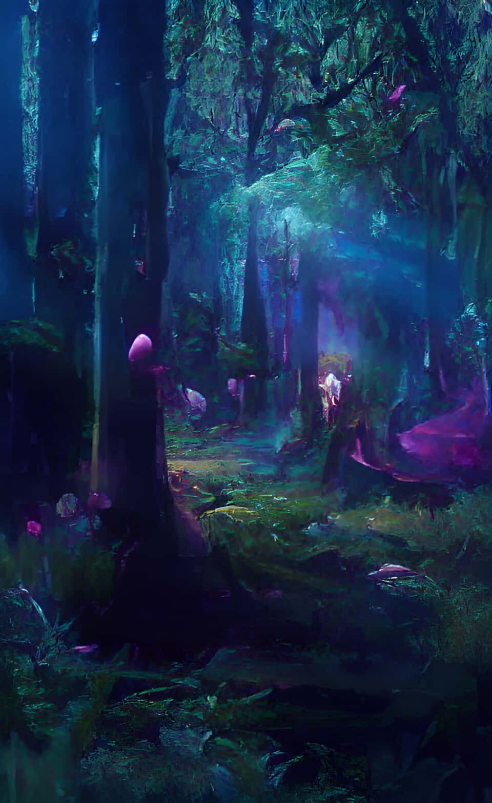 A Forest With A Lot Of Trees And A Lot Of Purple Lights