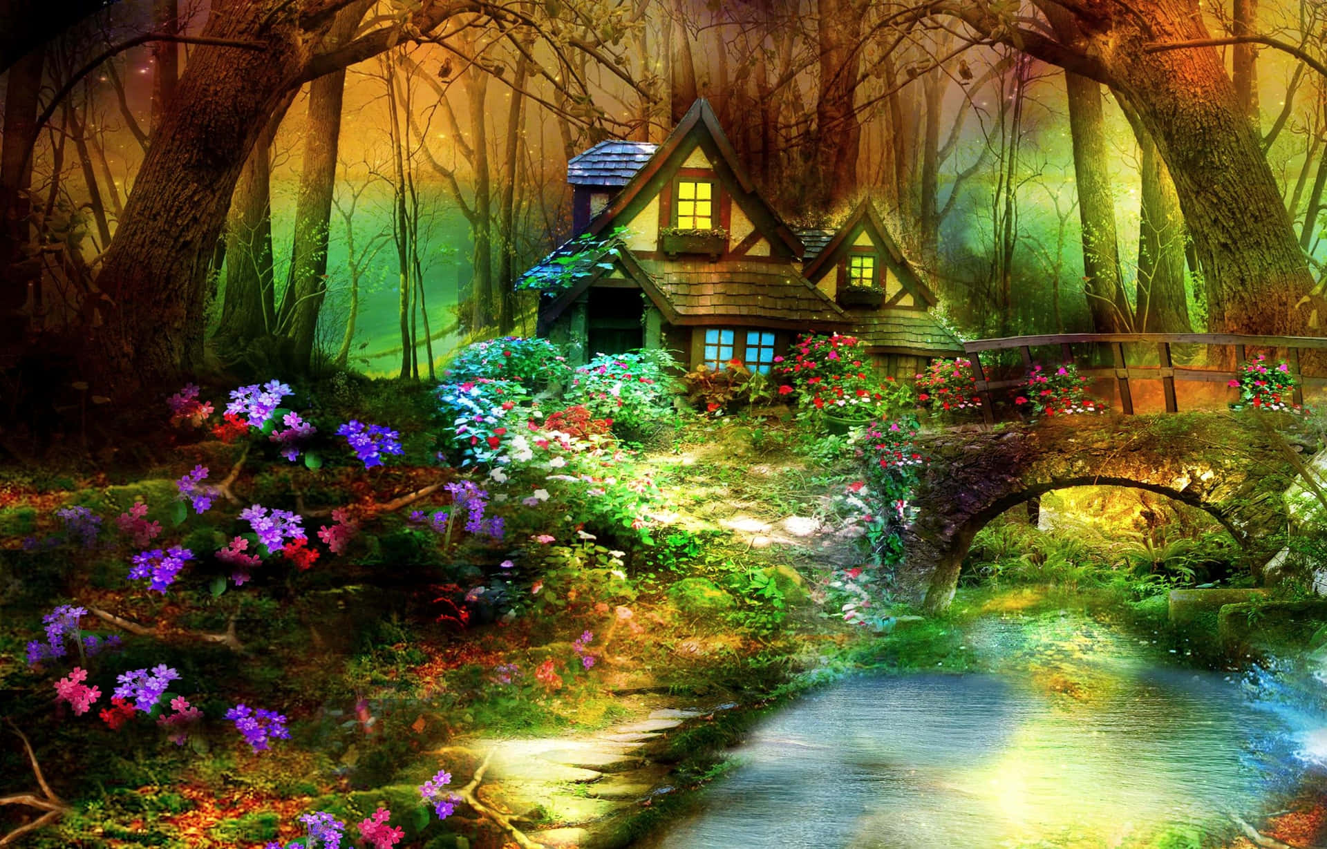 Magical Forest Cottage Wallpaper