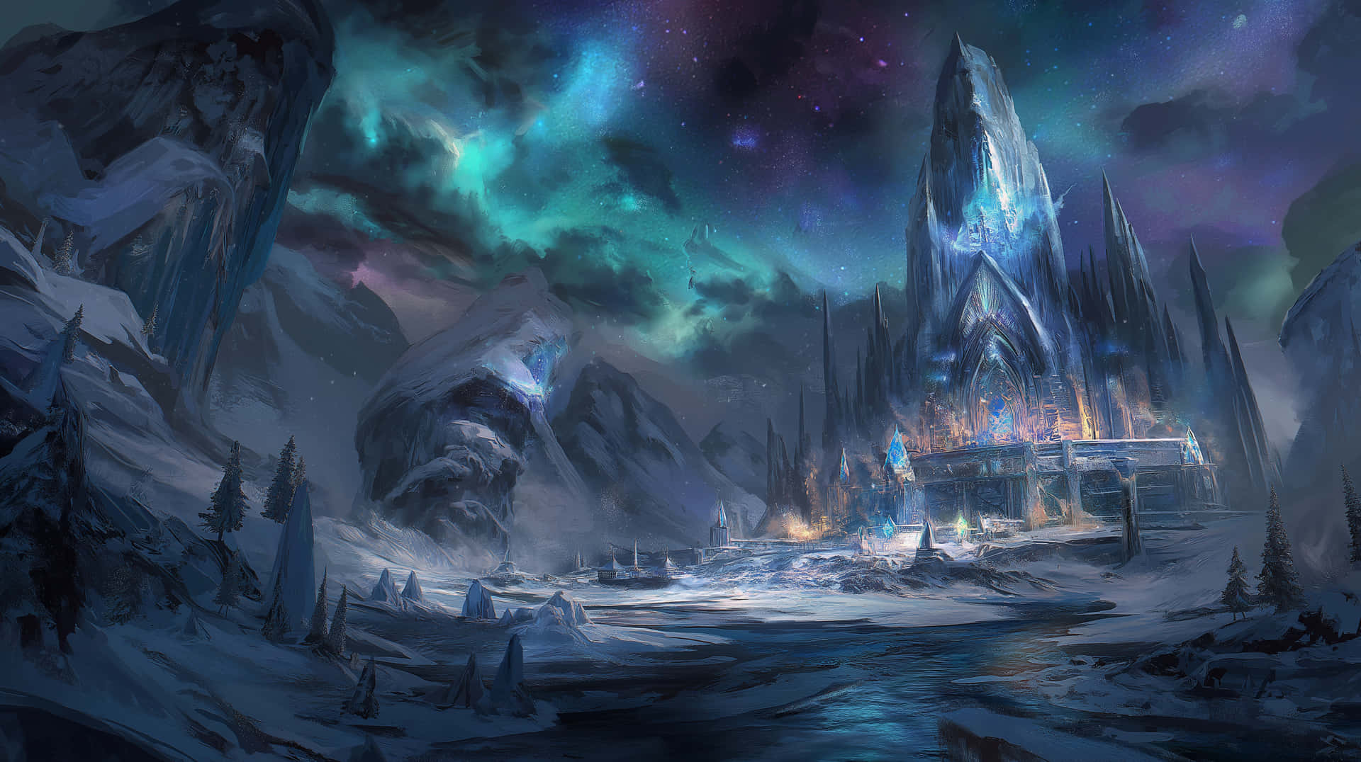Magical Ice City Under Vibrant Aurora Borealis Sky Wallpaper