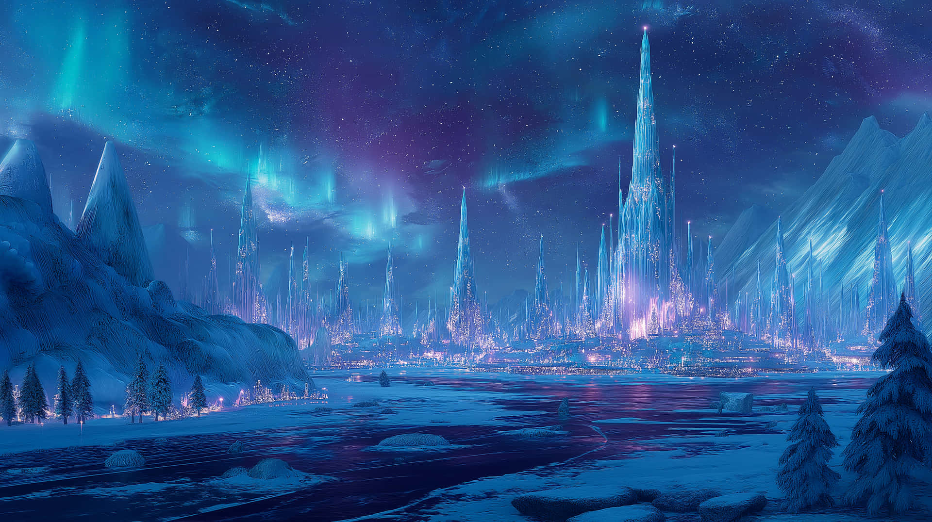 Magical Ice City Under Vibrant Aurora Borealis Sky Wallpaper