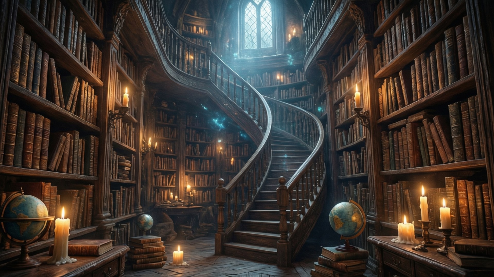 Een mystieke bibliotheek met zwevende kaarsen en oude boeken.