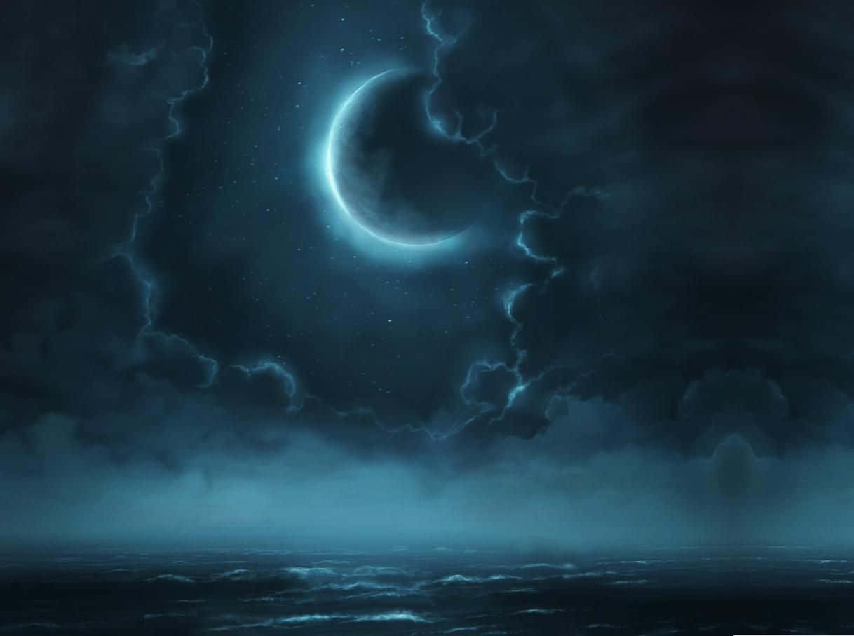 Magical Night Sky With Clouds Around Moon In A Misty Sea Wallpaper