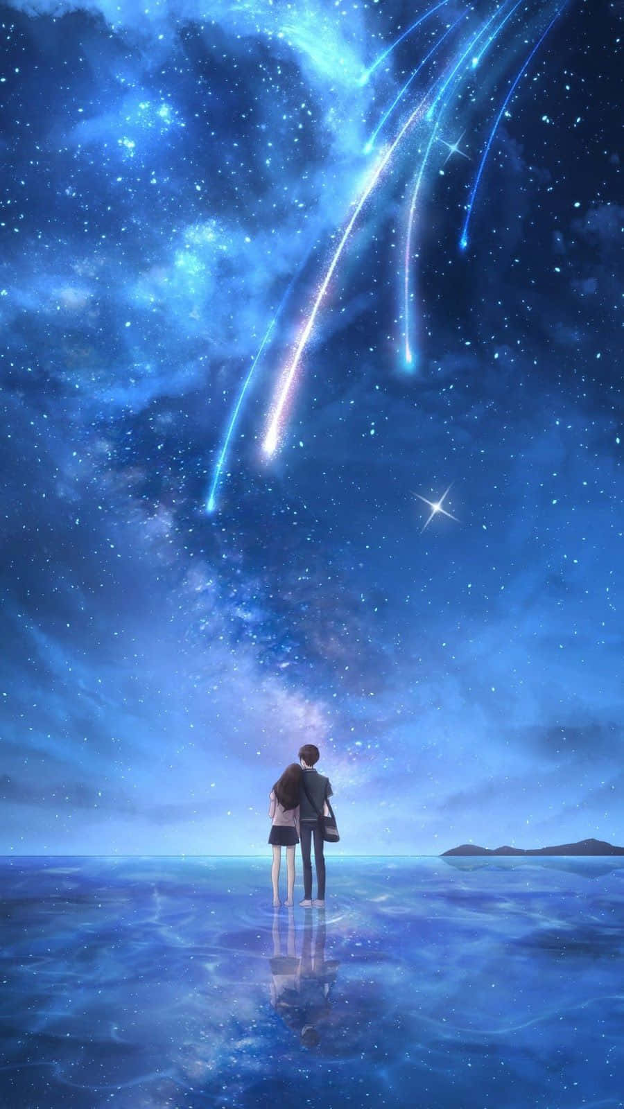 Magical Night Sky With Couple With Many Shooting Stars Wallpaper