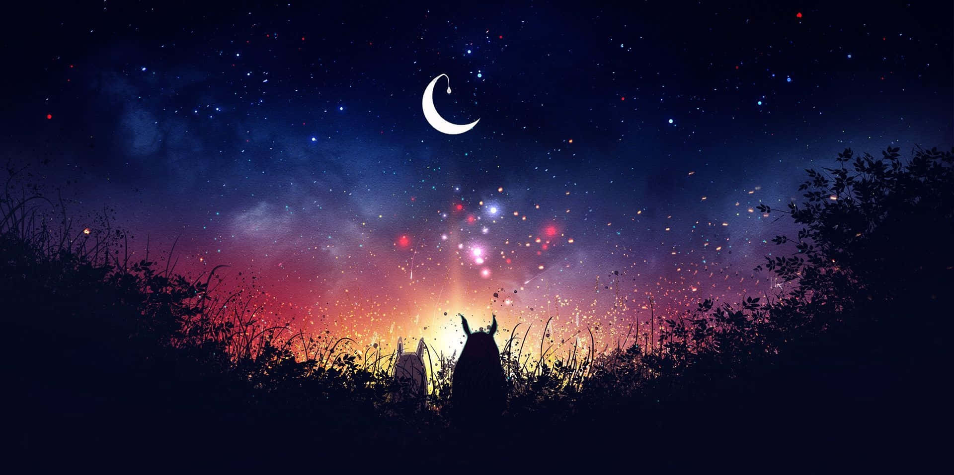 Cielonocturno Mágico Con Luna Creciente Y Estrellas Brillantes. Fondo de pantalla