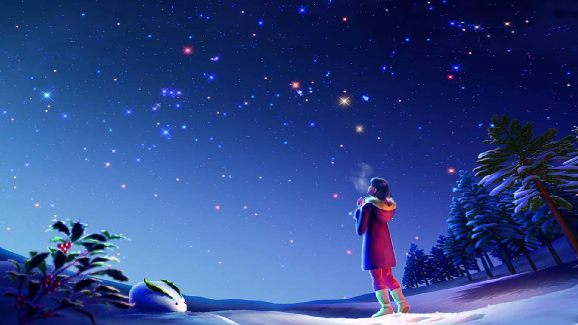 Magical Night Sky With Girl Looking At Sky Wallpaper