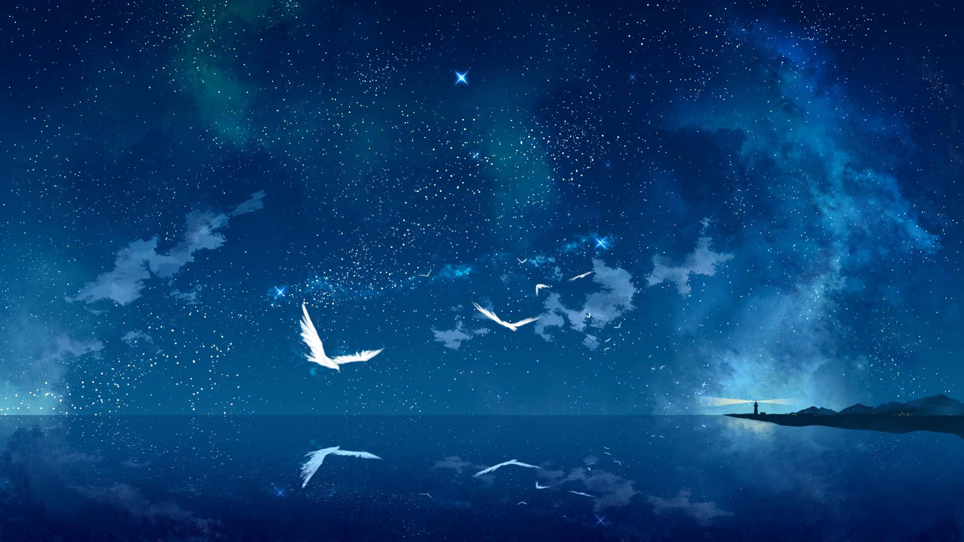 Magical Night Sky With Seagulls Flying Over Blue Sea Wallpaper