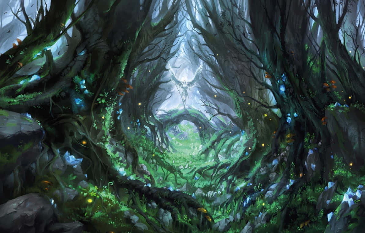 a fantasy forest with trees and flowers
