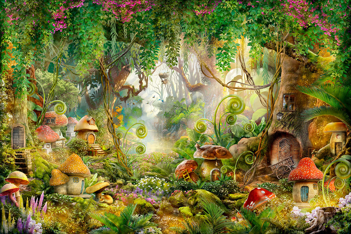 a fantasy forest with mushrooms and trees