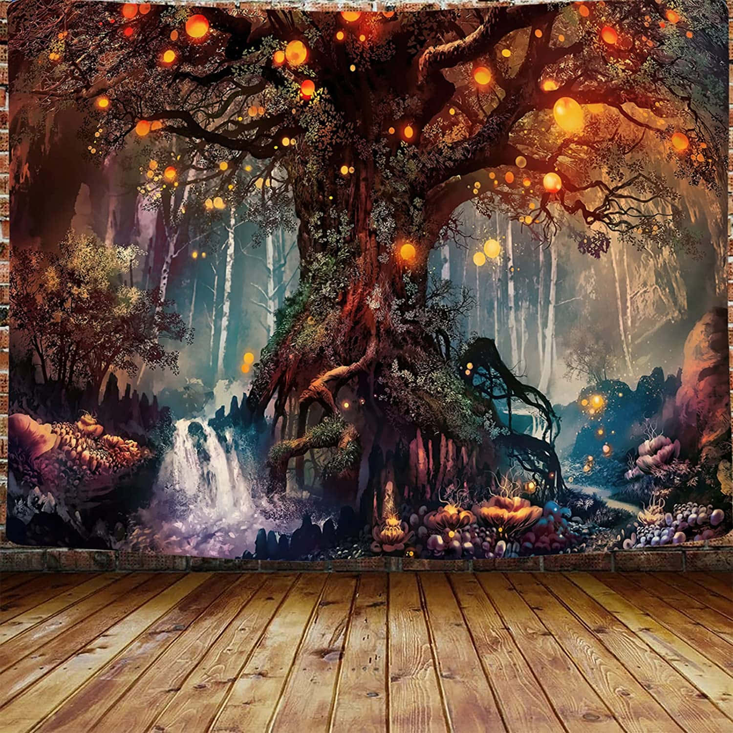 a tapestry with a tree and a waterfall