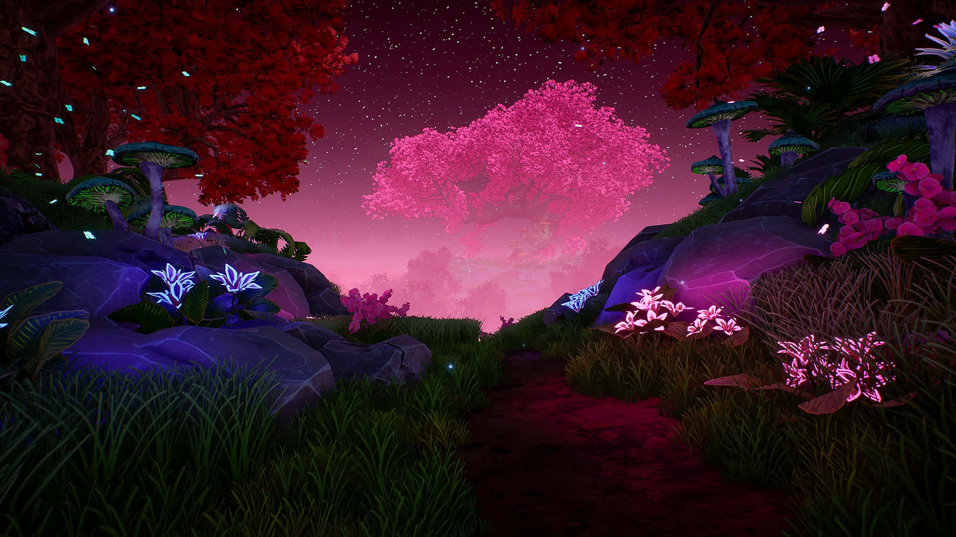a night scene with pink plants and trees