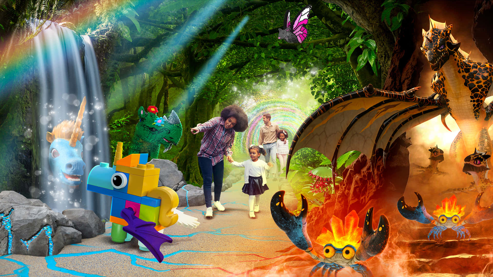 a group of people are walking through a forest with a dragon and other animals