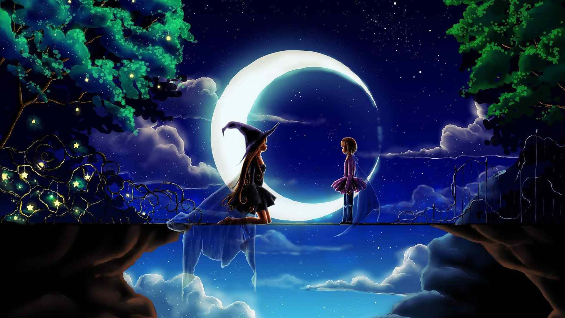 a girl and a boy standing on a bridge in the night