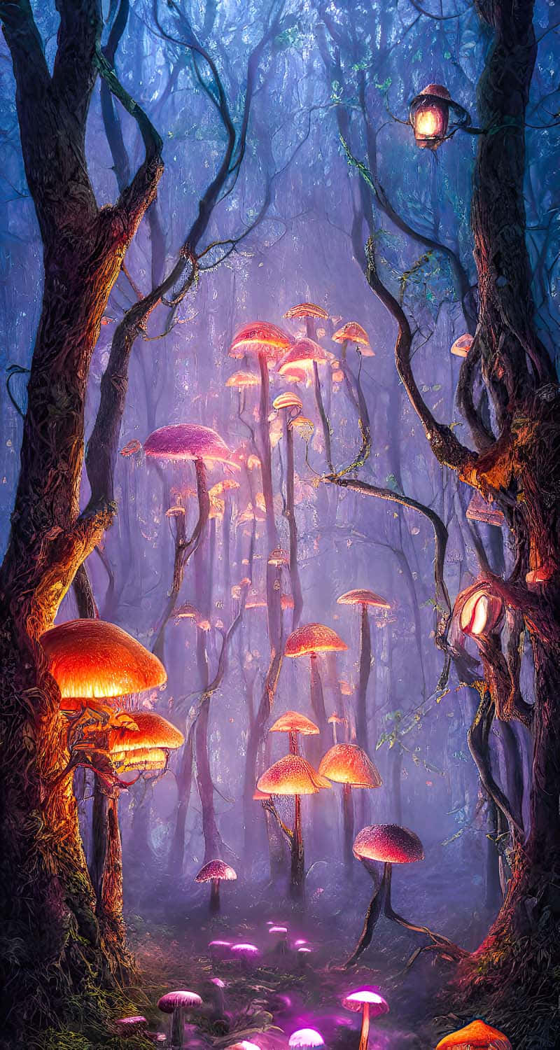 a painting of a forest with mushrooms and lights