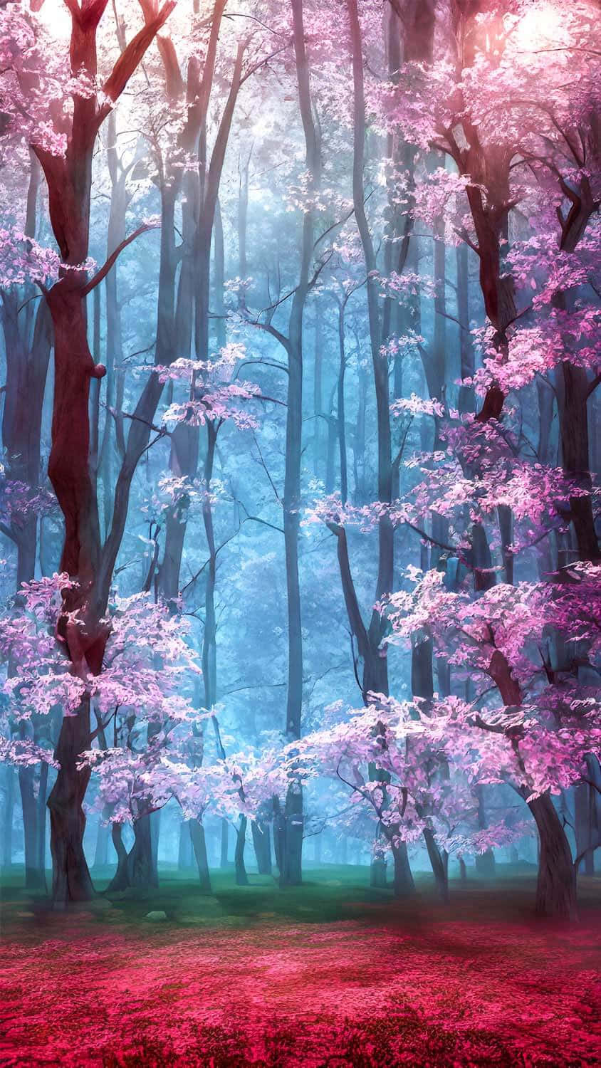 a pink forest with trees and flowers