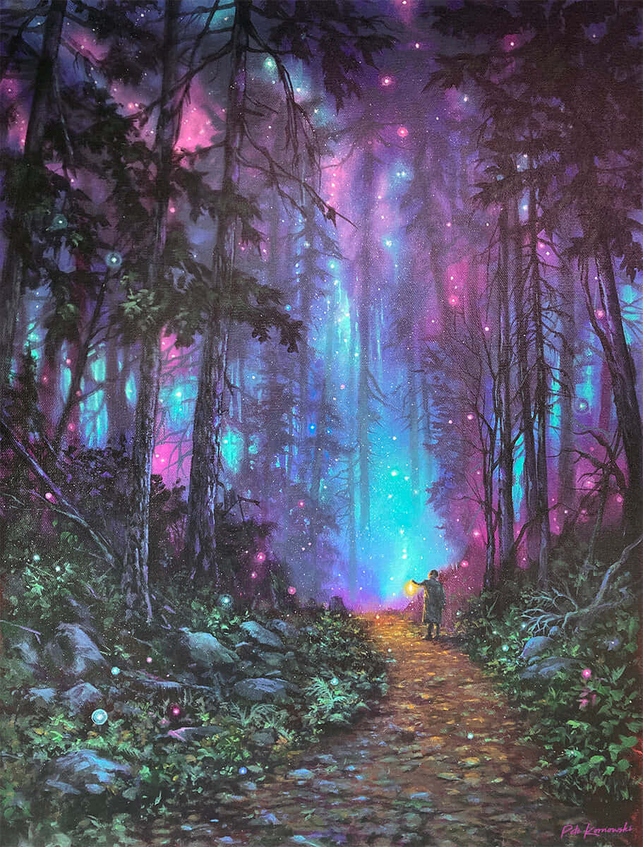 Unapintura De Un Camino En El Bosque Con Estrellas