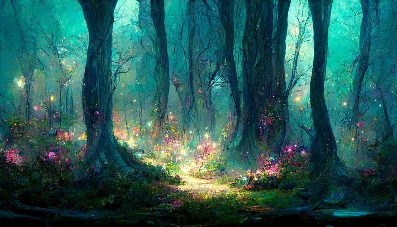 a painting of a forest with a path through it