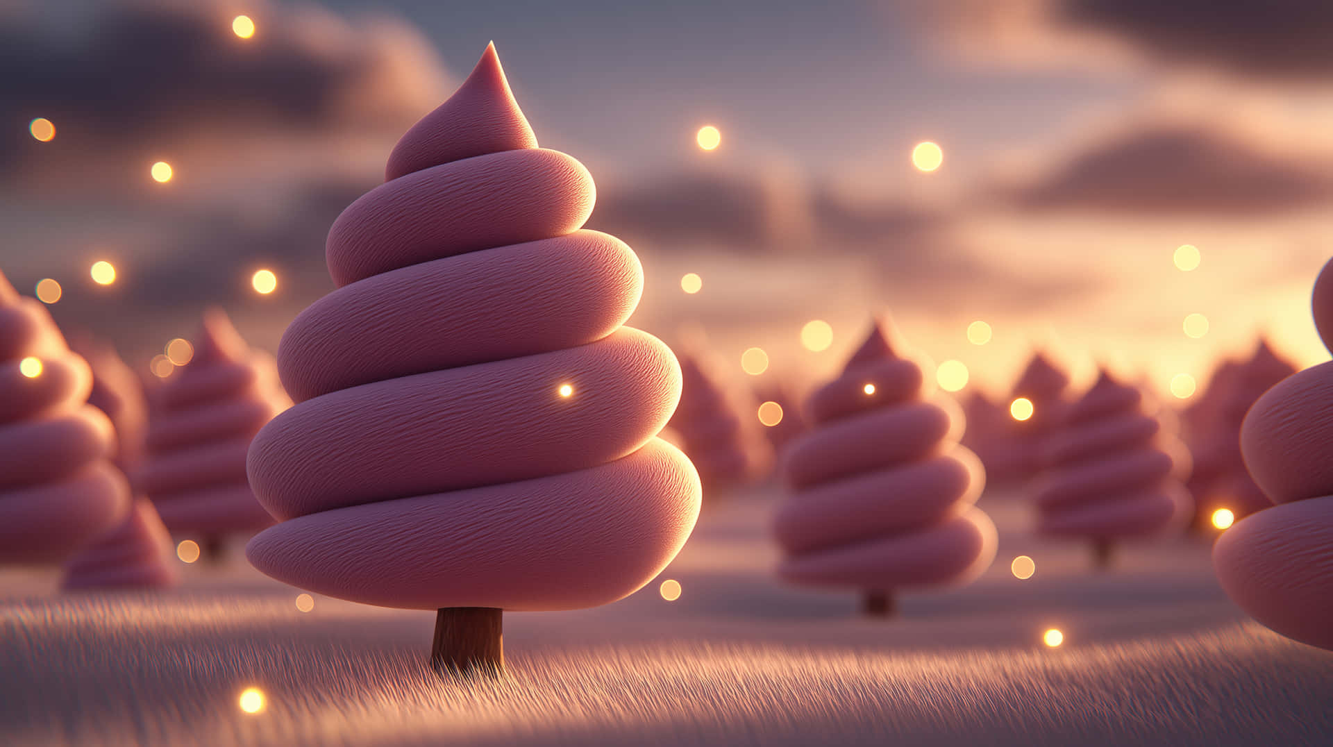 Magical Swirled Candy Trees With Gentle Floating Lights Wallpaper
