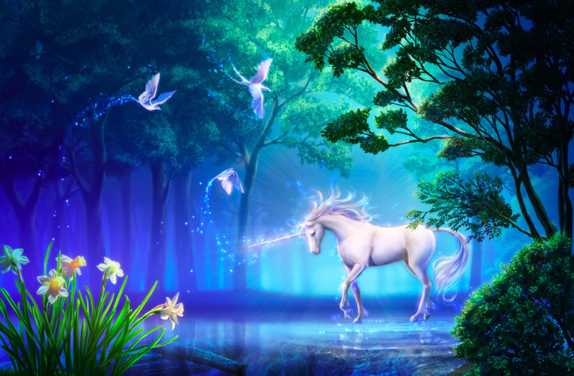 Magical Unicorn Magical Blue Forest Wallpaper