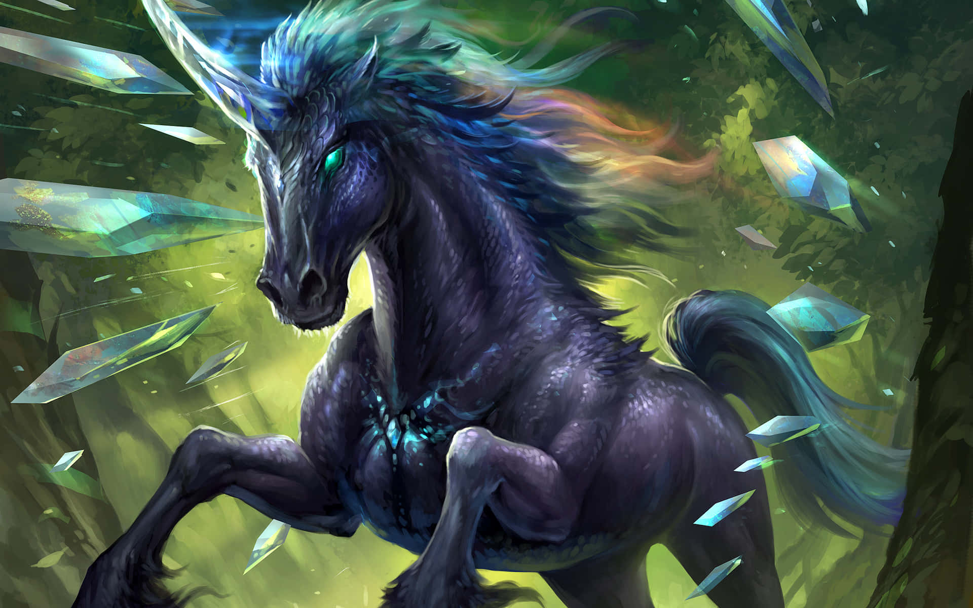 Black Magical Unicorn Emerald Crystal Wallpaper