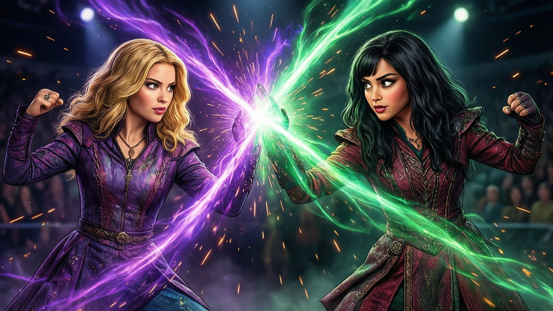 Magic Duel Wallpaper — Two female warriors clash magic beams purple and green in a dramatic arena battle under bright spotlights.
