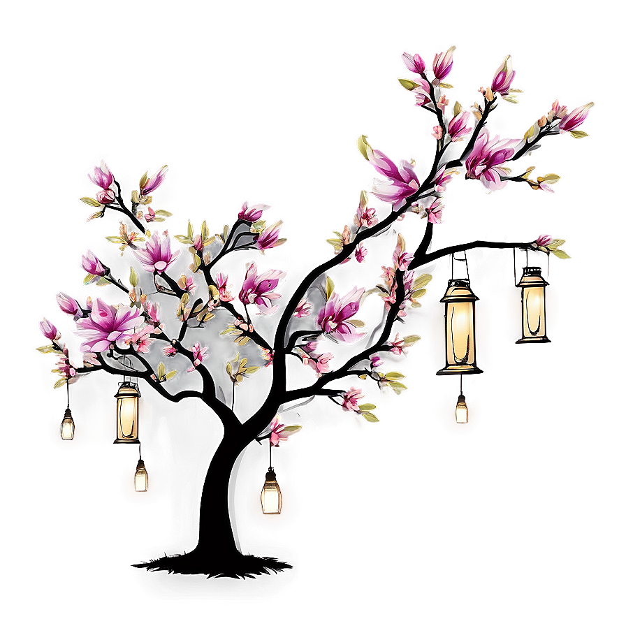 Magnolia Tree With Hanging Lanterns Png Yxf PNG