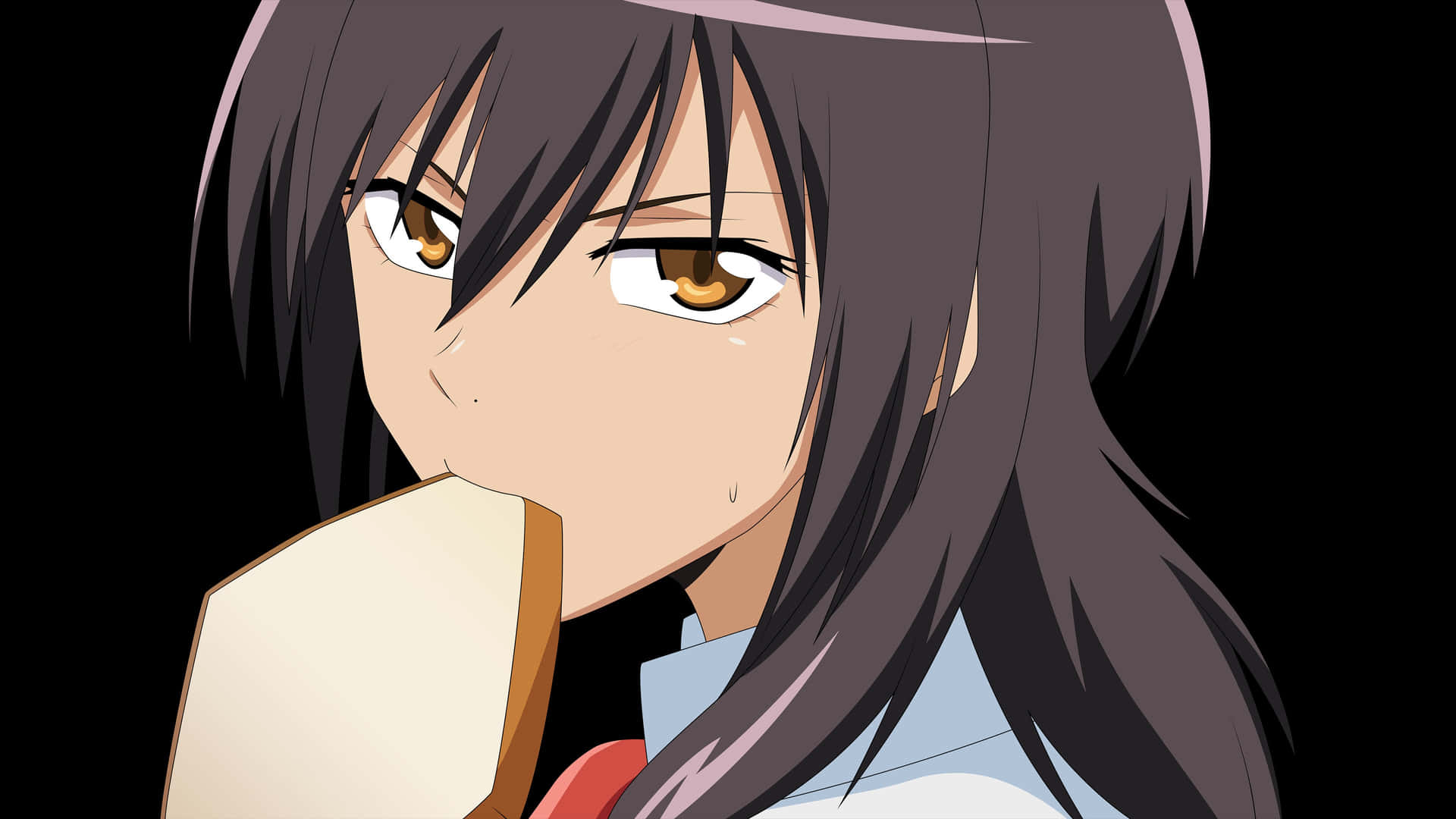 A Girl With Long Hair Is Eating A Piece Of Bread