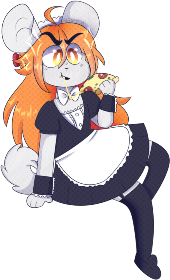 Maid_ Costume_ Anthropomorphic_ Character_ Eating_ Pizza PNG