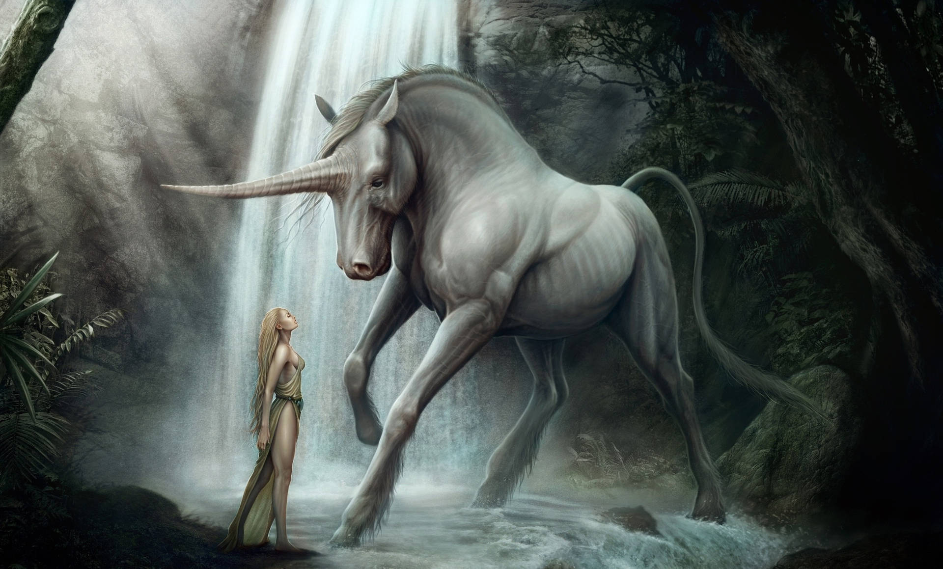 Maiden And Pretty Unicorn Painting Wallpaper