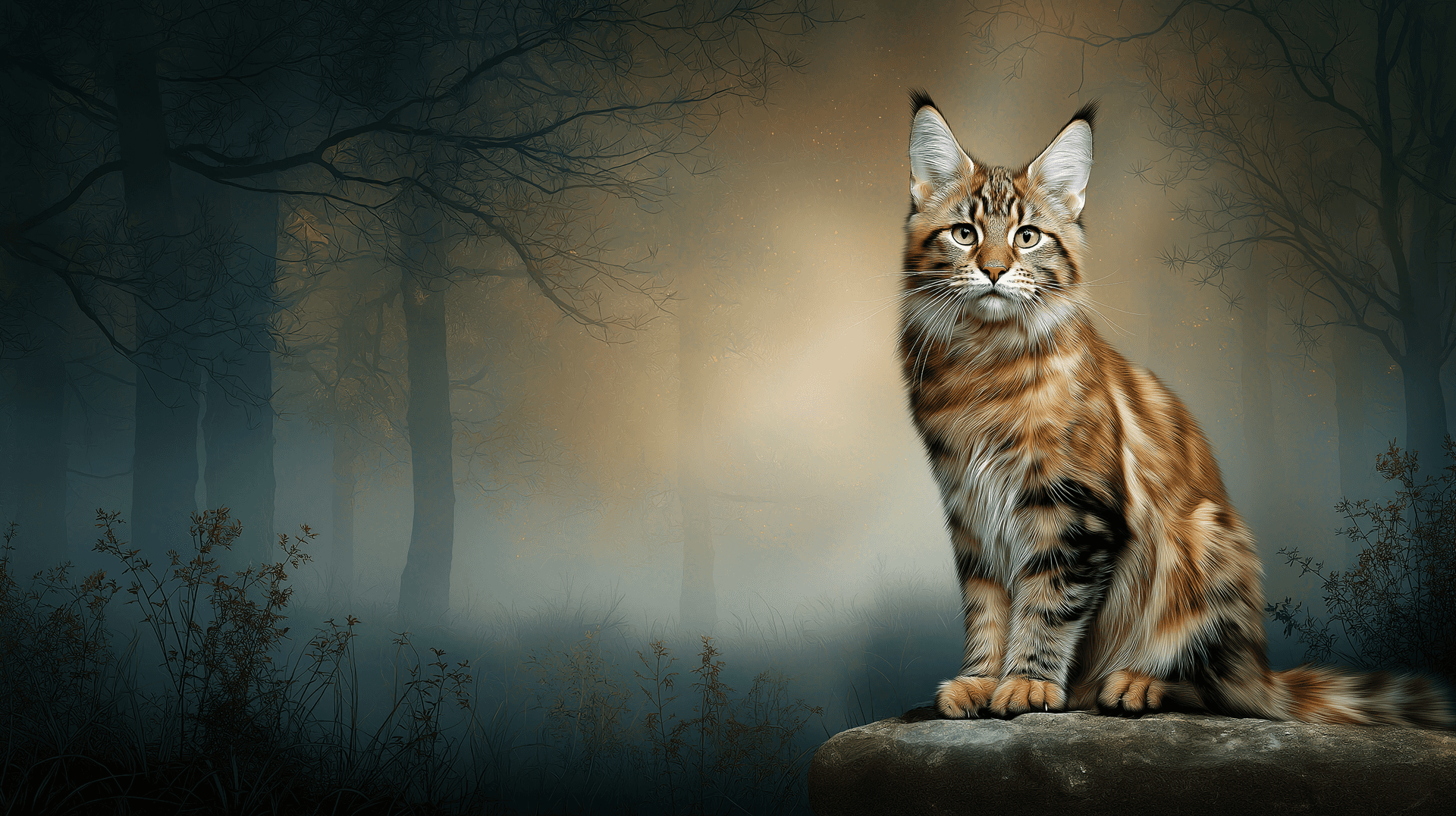 Maine Coon In Misty Forest Wallpaper