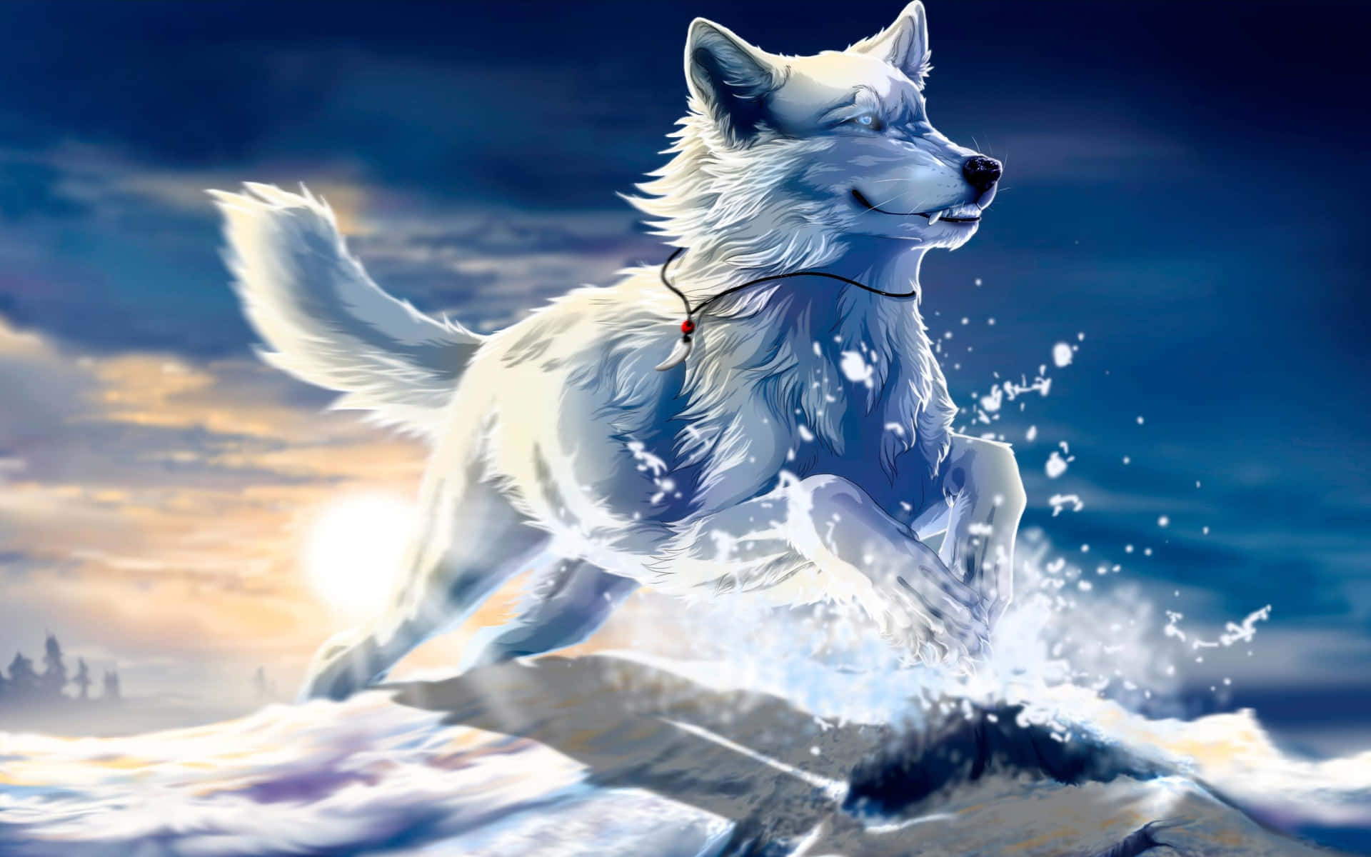 Majestic_ Anime_ Wolf_ Splashing_ Water Wallpaper
