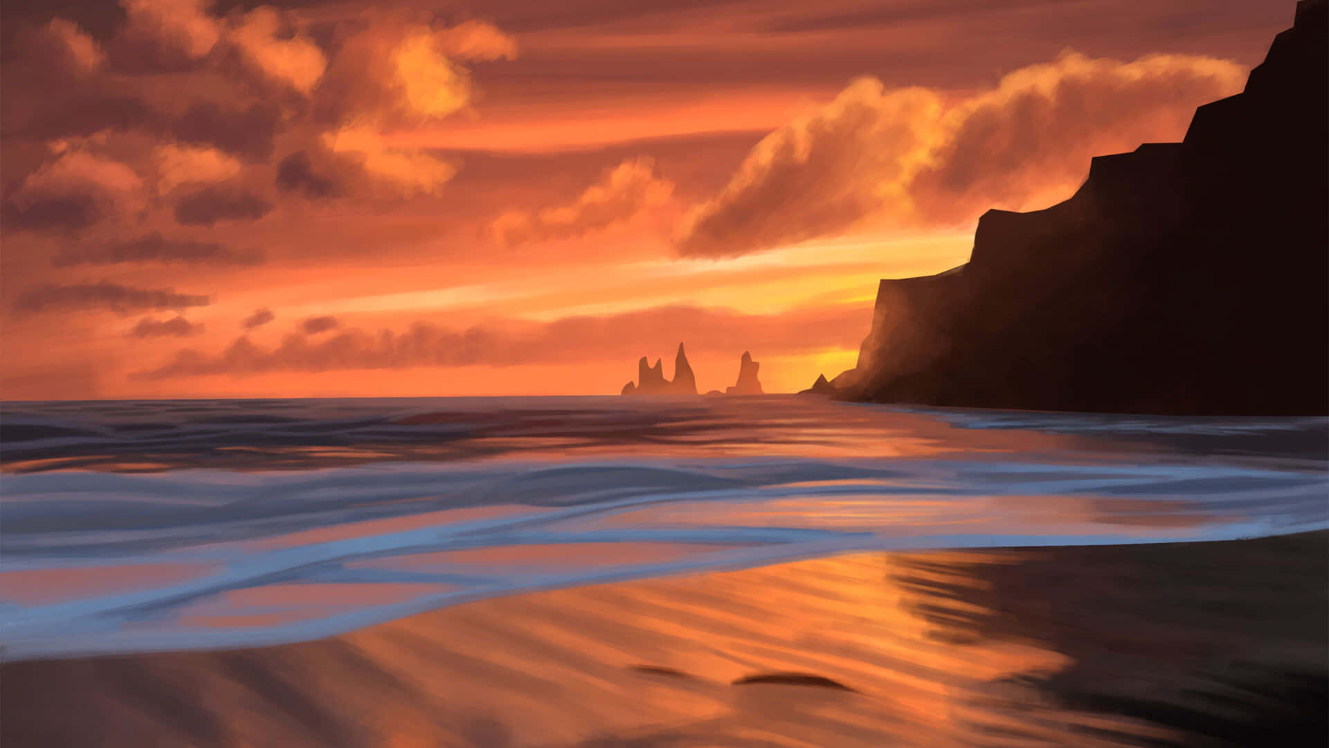 Majestic Beach Sunset Painting Wallpaper