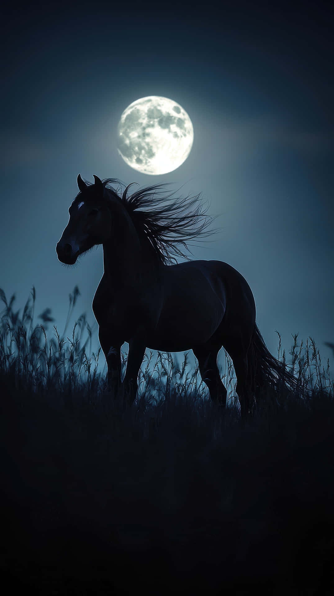 Majestic Black Horse Silhouetted Against A Full Moon At Night Wallpaper