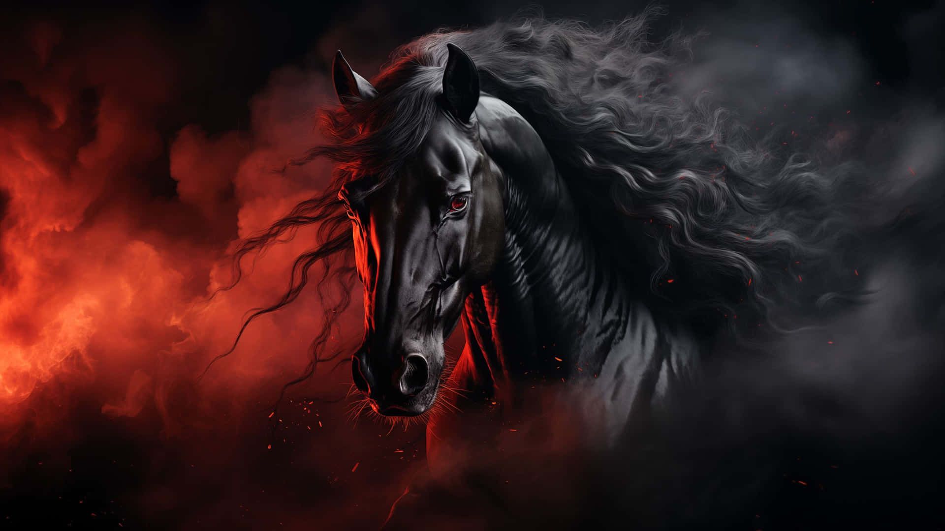 Majestic Black Horsein Red Smoke Wallpaper