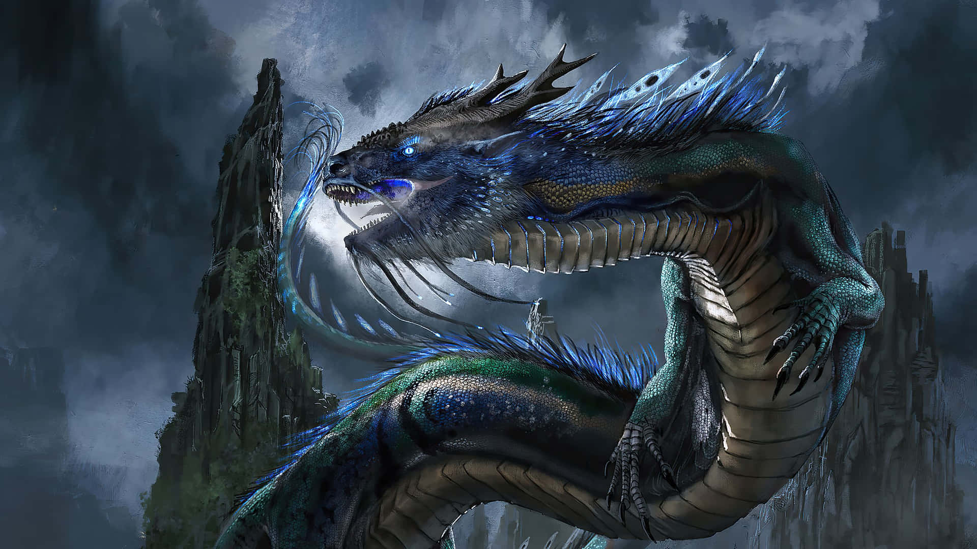 Majestic_ Blue_ Dragon_ Fantasy_ Artwork Wallpaper