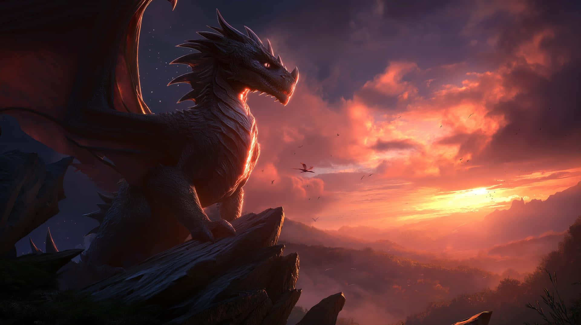 Majestic Bronze Dragon Statue At Sunset With Fiery Sky Wallpaper