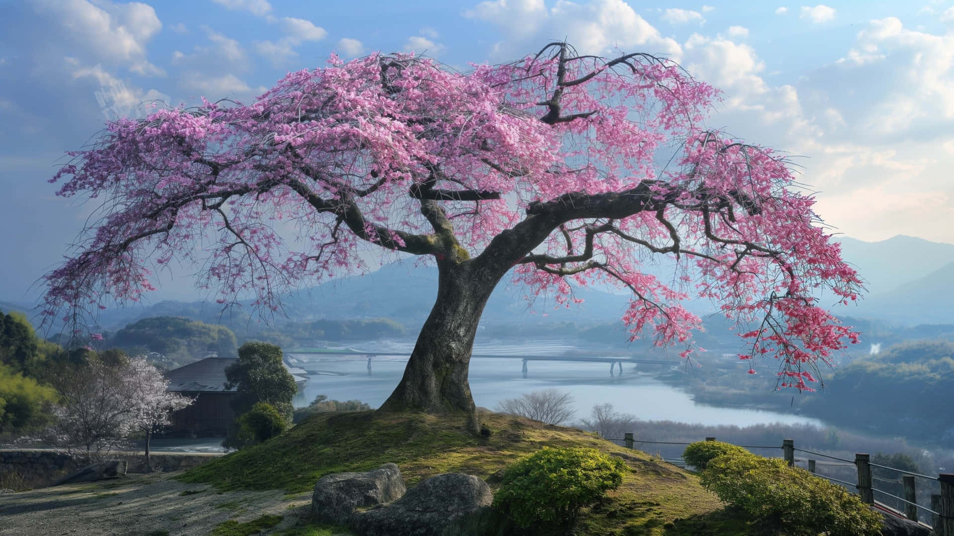 Arbre De Cerisier Majestueux Surplombant La Rivière Fond d'écran