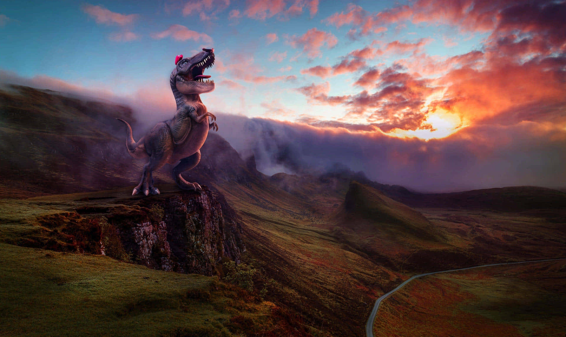 Majestic Dinosaur Sunset Cliff Wallpaper